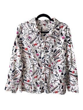 Kate Spade Make-up Print Collared Long Sleeve Pajama Top XL